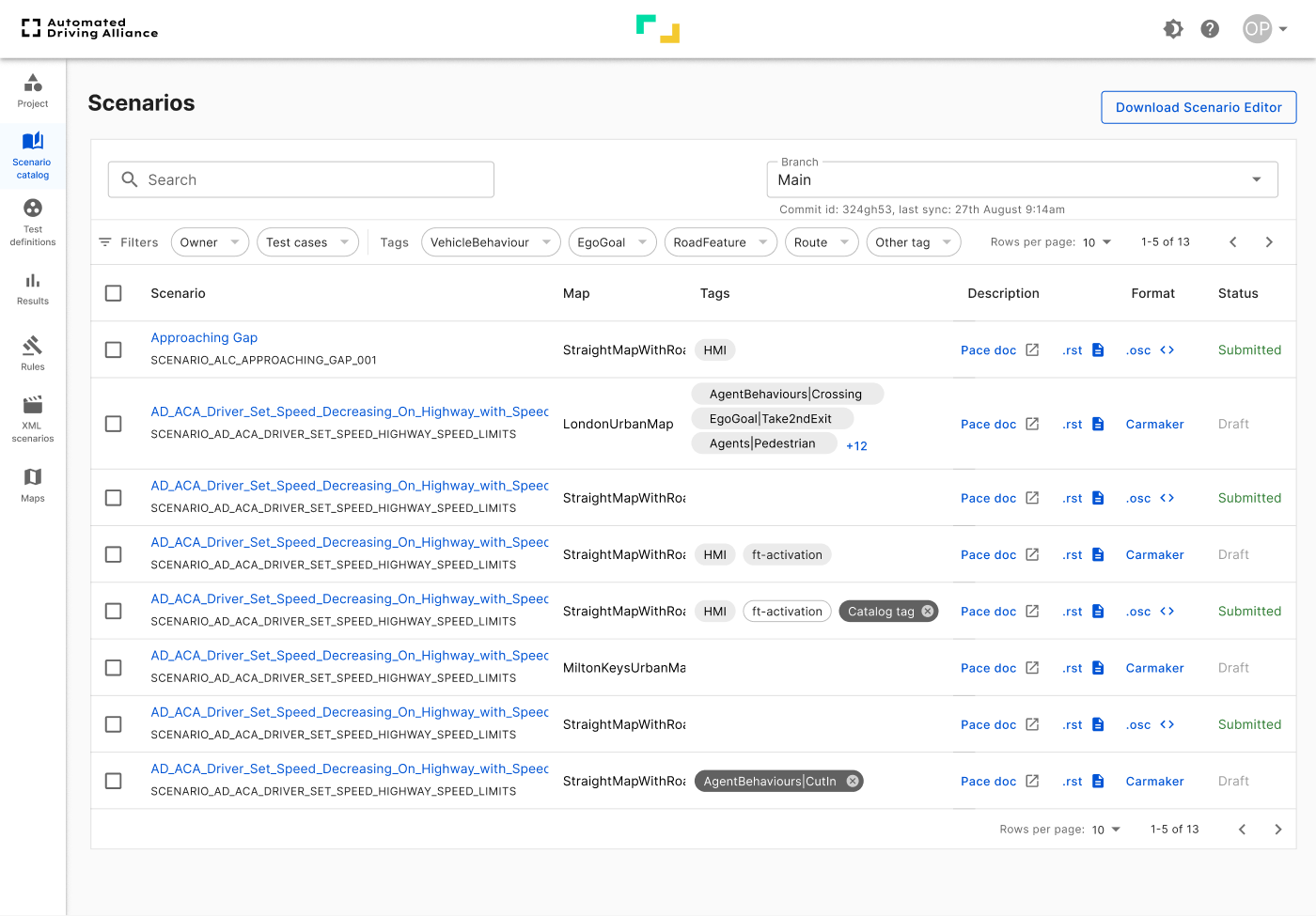 Scenario catalog table with search, branch selector, filters and per-row status